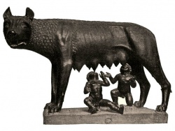 Capitoline Wolf suckles the infant twins Romulus and Remus.