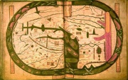 The world map from the Saint-Sever Beatus measuring 37 X 57 cm. This was painted c. 1050 as an illustration to Beatus's work at the Abbey of Saint-Sever in Aquitaine, on the order of Gregori de Montaner, Abbot from 1028 to 1072.