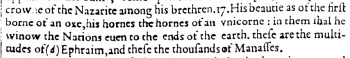 Deuteronomy 33:17 in the 1610 Douay Rheims with Unicorn in the main text